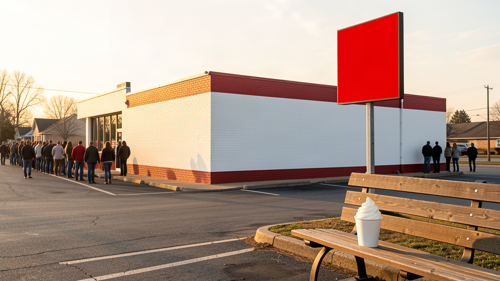 A Wendy's storefront with its red sign flickering, a long line of customers stretching down the street, and a single Frosty cup sitting on the parking lot bench.