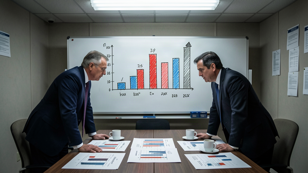 A polling firm conference room with a large whiteboard showing a bar chart in which one bar towers over the others, and two strategists studying the chart at a table.