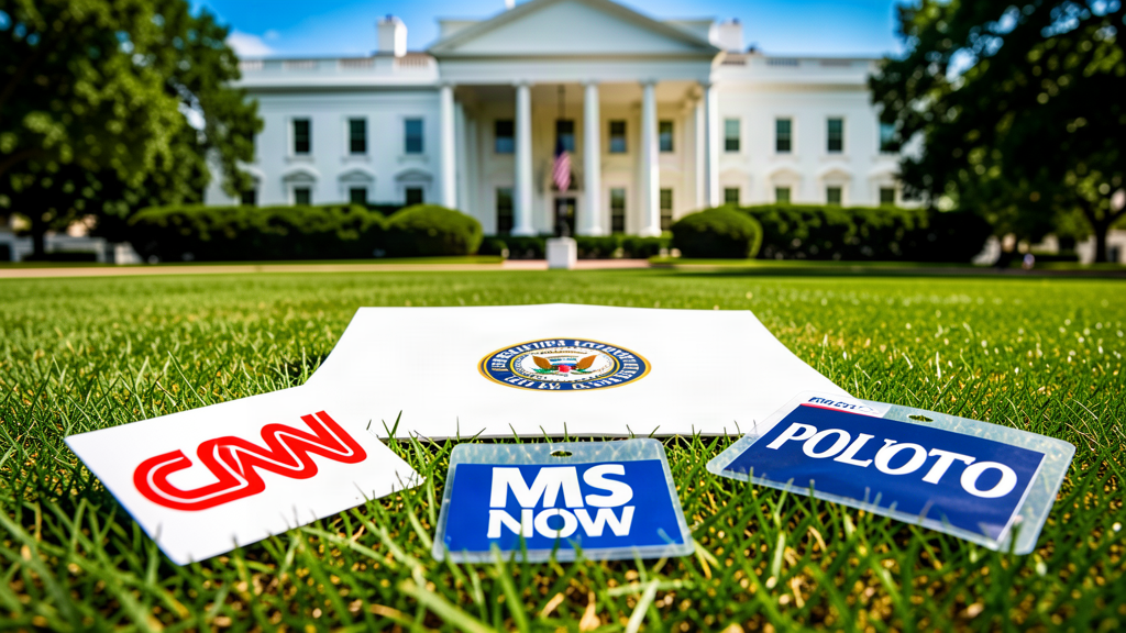 Three laminated press badges labeled CNN, MS NOW and Politico lying on the White House lawn beside a white envelope stamped with a federal court seal.