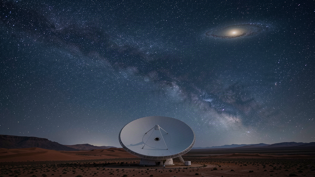A large ground-based telescope under a starry desert sky, with a faint smudge of a distant galaxy visible in the upper corner of the frame.