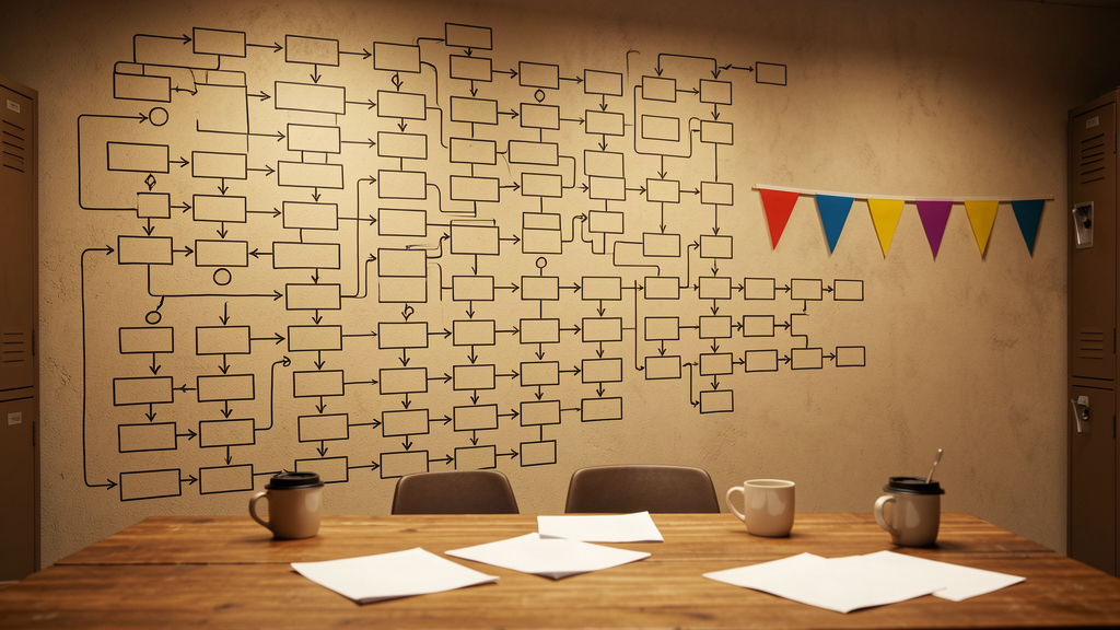 A baseball press conference table where a row of five small pennants hangs over a wall chart of playoff clinching scenarios, with coffee cups and scattered papers.