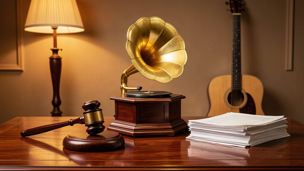 A country-music gramophone award on a mahogany desk beside a judge's gavel, with a single acoustic guitar leaning against the wall.