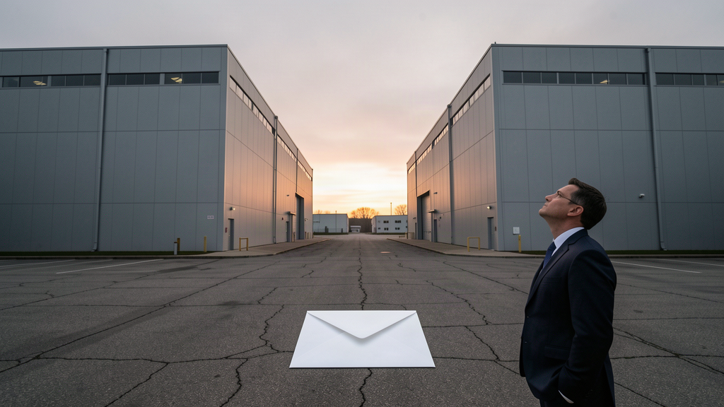 Two large identical industrial chemical-plant gatehouses side by side at dawn, a single white envelope lying on the tarmac between them, a lone investor in a suit watching the exchange from the foreground.