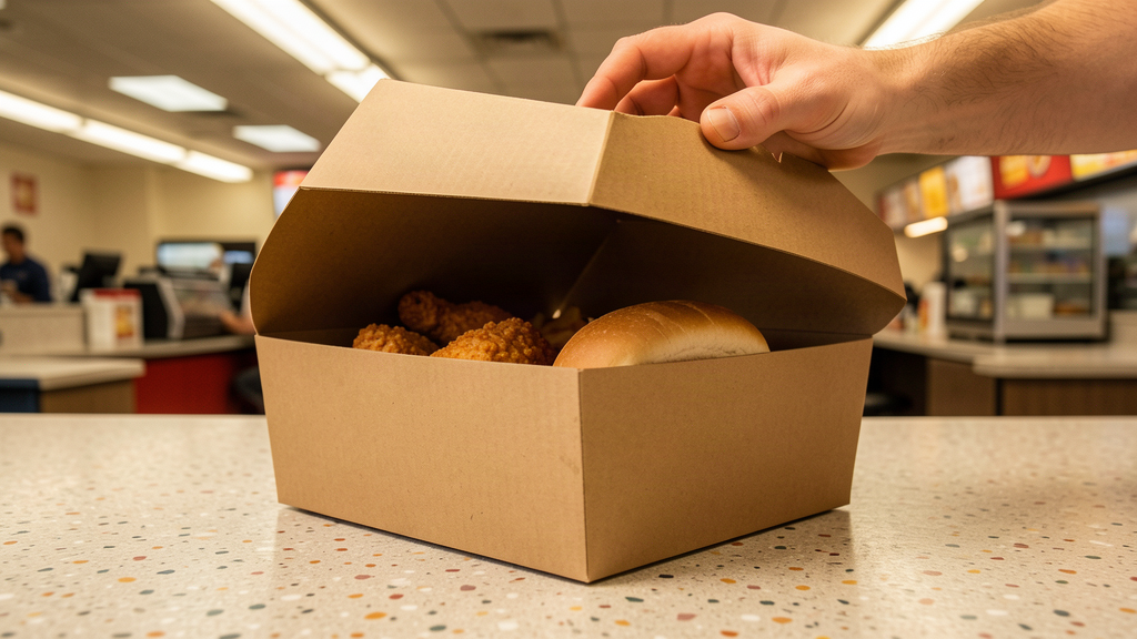 A cardboard fast-food meal box sitting alone on a plastic counter, a hand reaching in to lift the lid, the box slightly too large for its contents.