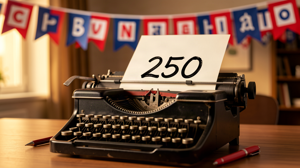 A typewriter with a single sheet of paper feeding in, the number 250 hand-lettered large on the page, a red pen lying beside the machine, a stack of celebration banners blurred in the background.