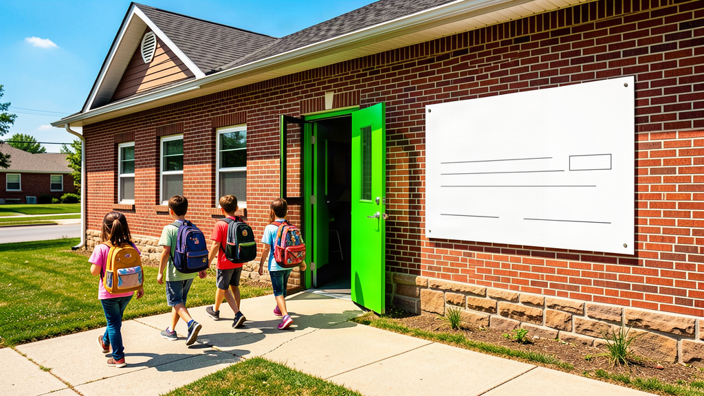 A small brick charter-school building with a single open door, a row of young students walking toward it, and a government-issued check-shaped plaque on the wall beside the entrance.