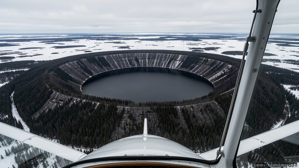 A vast circular ring of ridges and forest surrounding a dark lake, seen from a floatplane window, the crater rim clearly visible as a near-perfect circle in the boreal wilderness.
