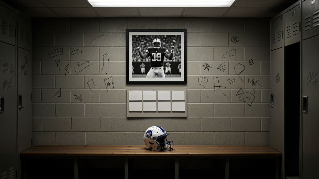 A New York Giants locker room with a single helmet on a bench, a framed photo of a quarterback on the wall, and a calendar on the wall showing fifteen empty boxes.