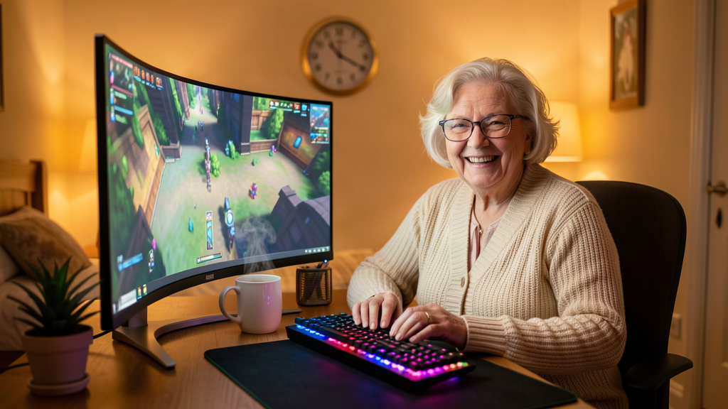 A cheerful elderly woman in a cardigan sitting at a desk with a glowing gaming monitor, mechanical keyboard, and a mug of tea, a small potted plant beside the screen.