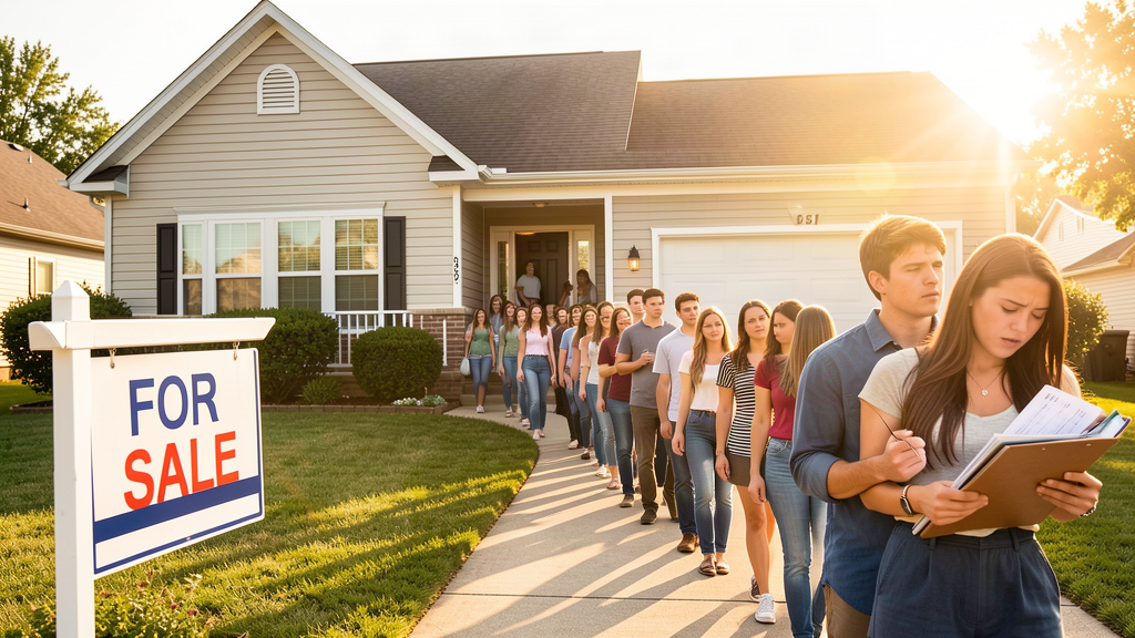 A for-sale sign on a suburban lawn with a very long line of people at a kitchen table signing papers
