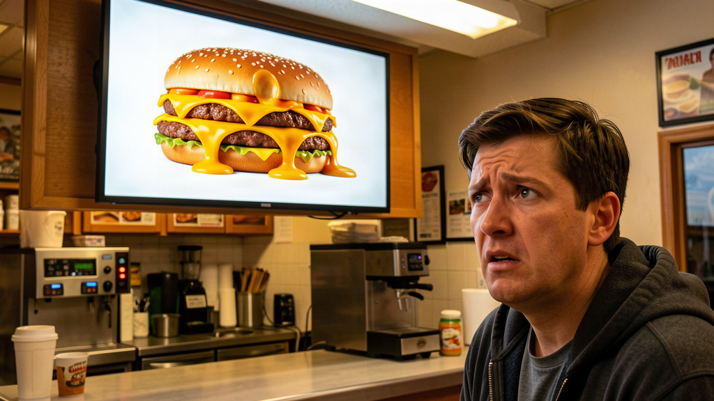A deli counter with a glowing menu screen showing a very strange, uncanny burger and a confused customer squinting at it