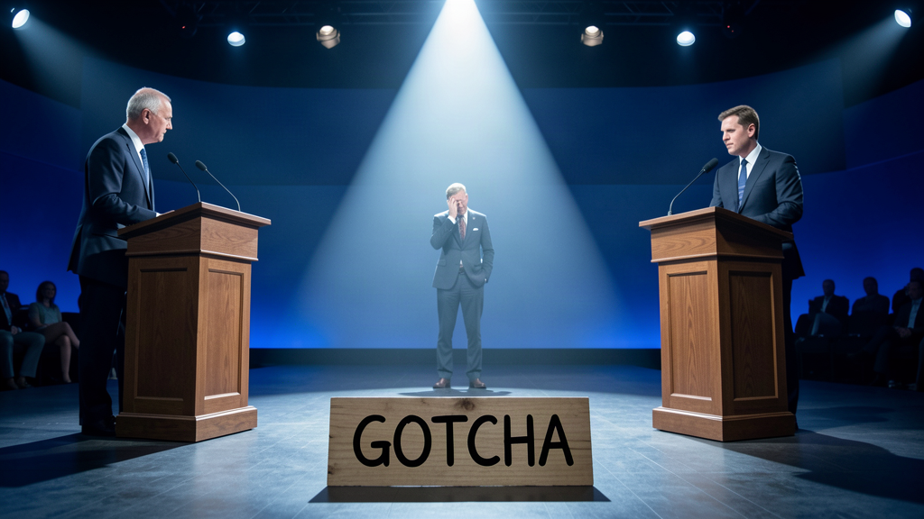 A debate-stage podium with a single microphone and a small sign reading 'the gotcha game' set to the side