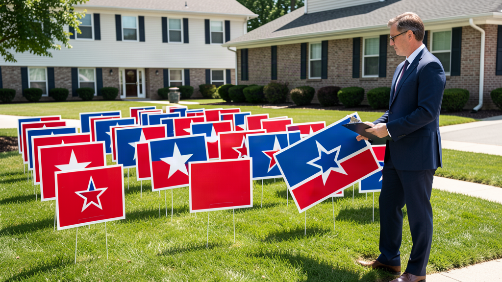 A row of Republican campaign signs with one conspicuously tilted sign being carefully adjusted away from the others