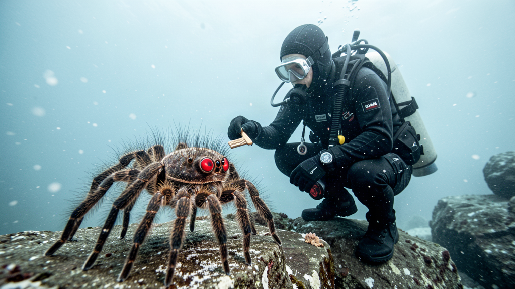 A diver inspecting a bizarre hairy-legged red-eyed sea spider on a rocky underwater ledge