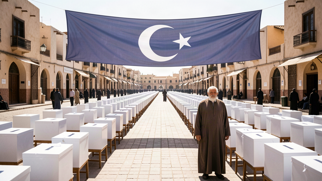 A long, empty queue of ballot boxes in a Moroccan town square with a single elderly voter and a large banner