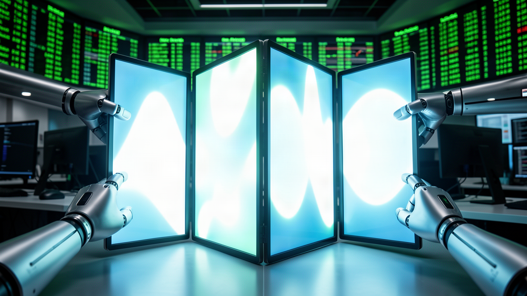 Four glowing screens being folded into a single screen by robotic hands