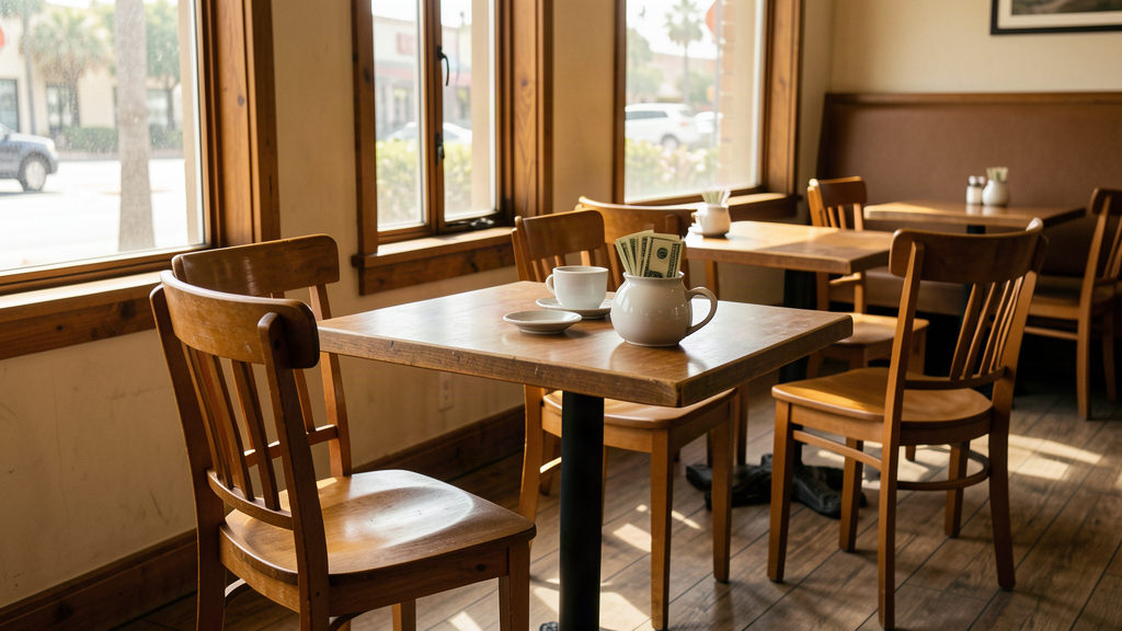 An empty brunch restaurant with one chair pulled out and a stack of bills under a sugar bowl