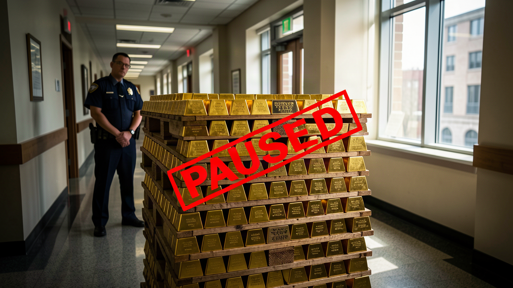 A massive stack of gold bars labeled with a red 'PAUSED' stamp sitting in a federal office building hallway