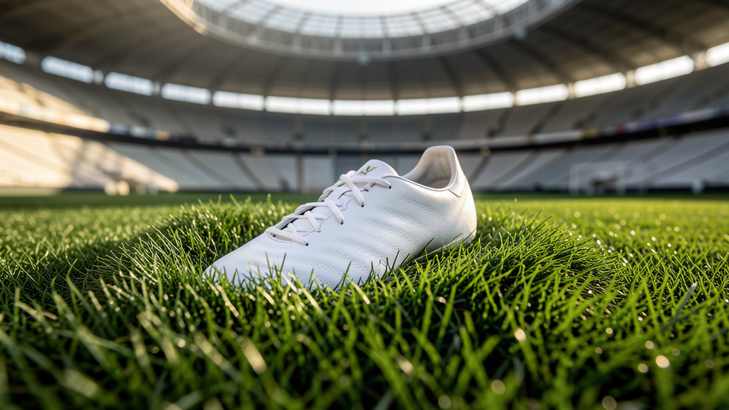 A football cleat half-sunk into soft green grass in a huge stadium