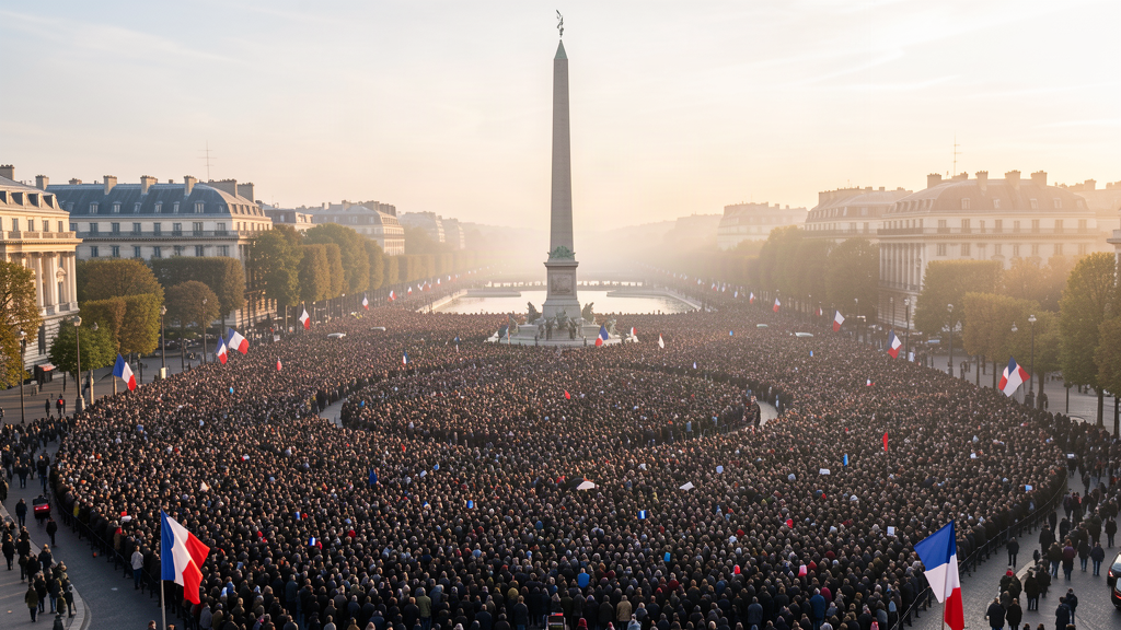 The Place de la Concorde in Paris with a massive crowd gathered at sunrise