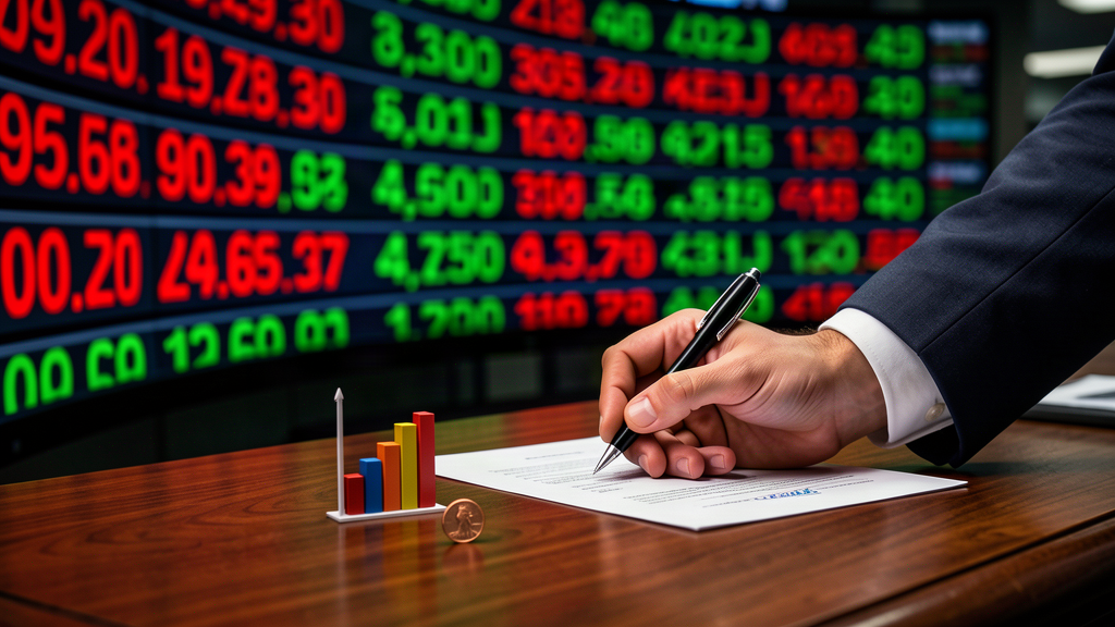 A stock ticker board displaying enormous valuations above a single small coin on a desk