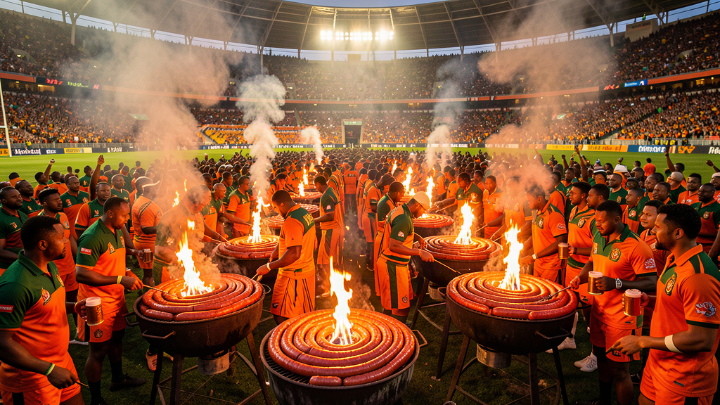 A vast stadium packed with thousands of people grilling giant coils of sausage over open charcoal fires
