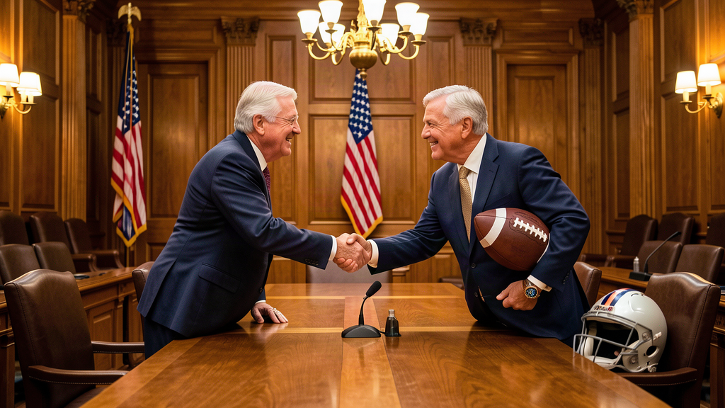 Former college athletes turned senators seated at a Senate table, one in a football jersey beneath his suit jacket, shaking hands across the aisle