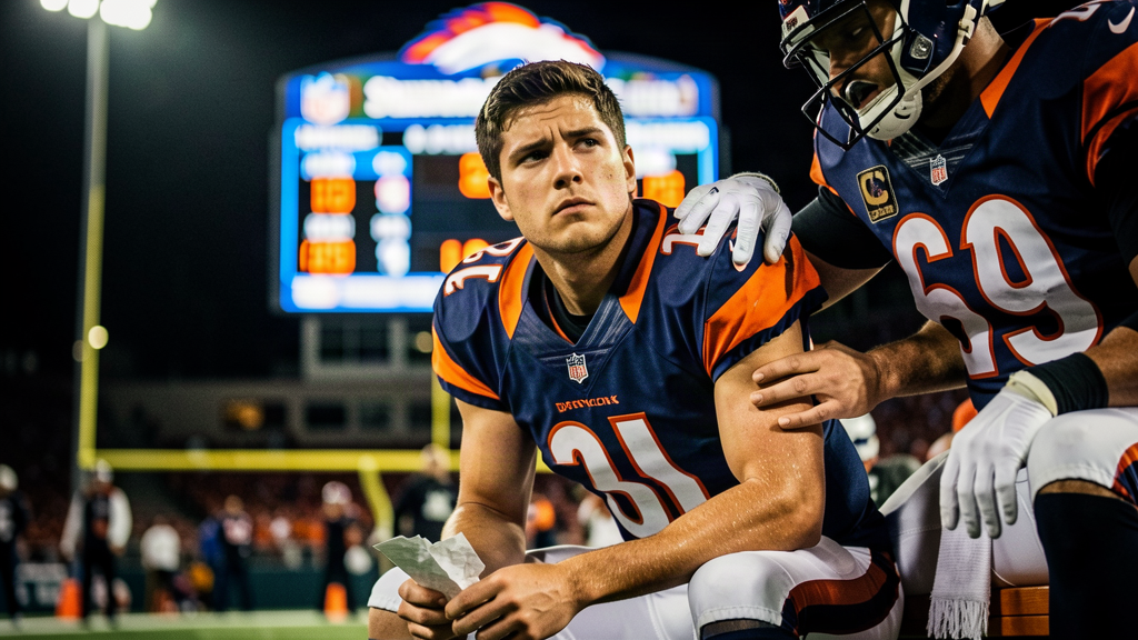 A stunned NFL quarterback on the sideline holding an empty first-half stat sheet, a second-half scoreboard glowing behind him