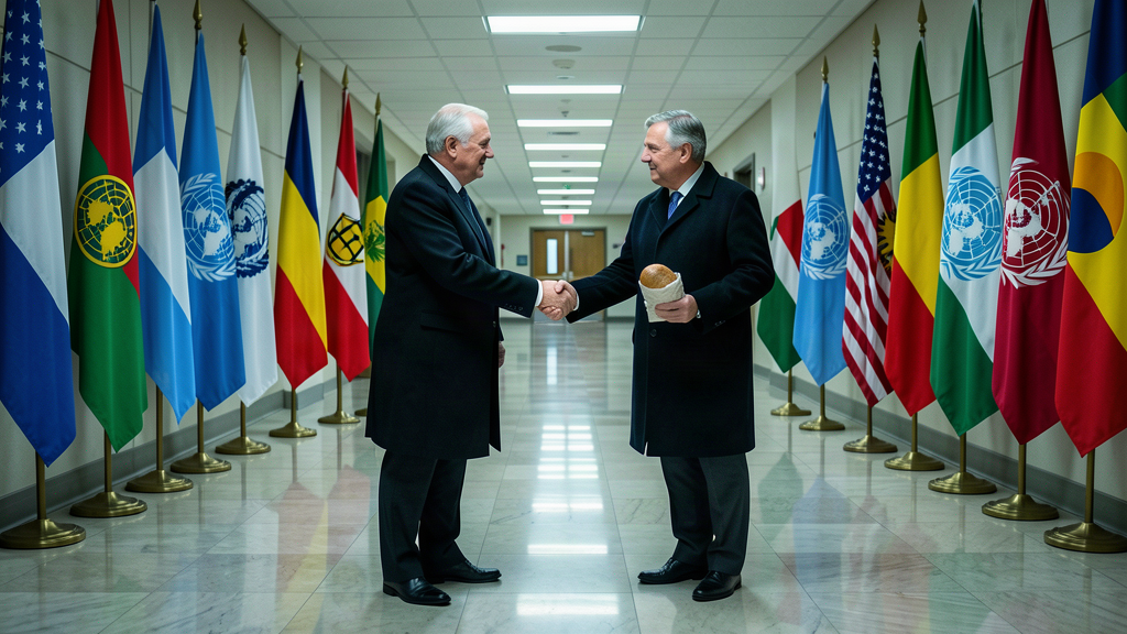 Two foreign ministers shaking hands in a polished UN corridor, one holding a small paper-wrapped loaf of bread