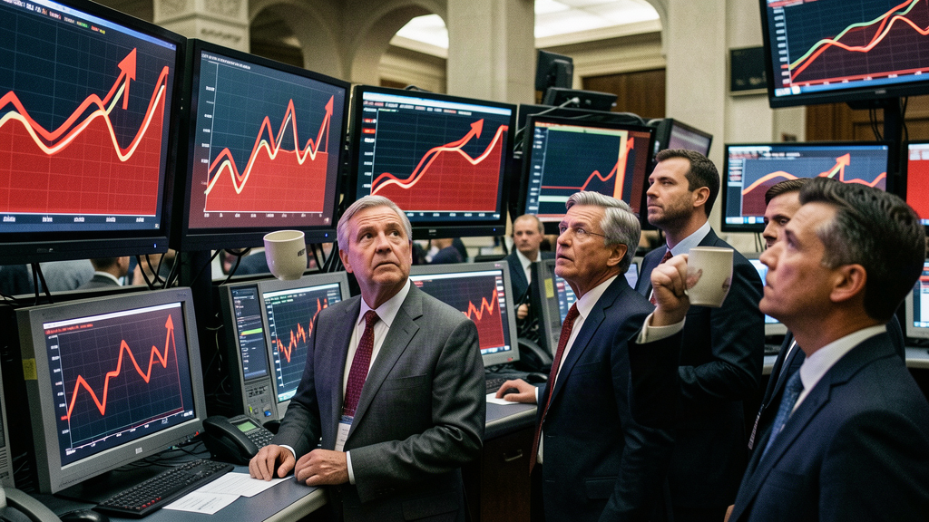 A trading floor with monitors showing rising yield charts, traders looking up