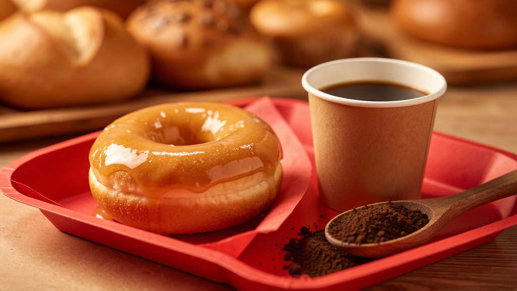 A glazed doughnut next to a cup of black coffee, both on a Krispy Kreme-style red tray