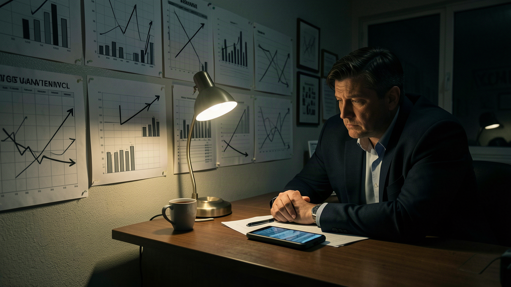 A campaign office at 3 a.m. with a wall of polling charts, a coffee cup on the table, and one operative staring at the numbers