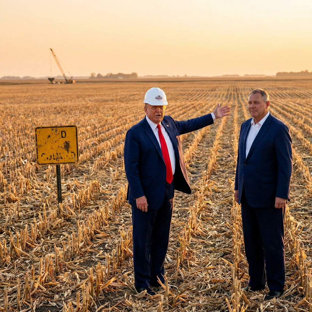 President Trump standing on a flat field of corn in Iowa with a hard hat, gesturing at a horizon where nothing has been built