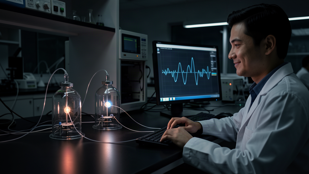 Two identical glowing atomic clocks in a dark laboratory, connected by fiber optics