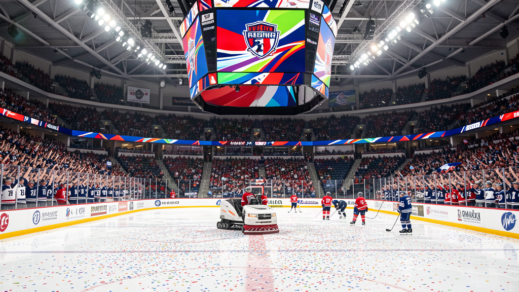 A packed hockey arena with a championship banner hanging and the Zamboni polishing the ice under bright lights