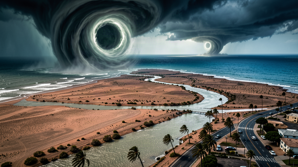 Satellite-style view of a hurricane eye over a long desert peninsula, another storm far in the background over the ocean