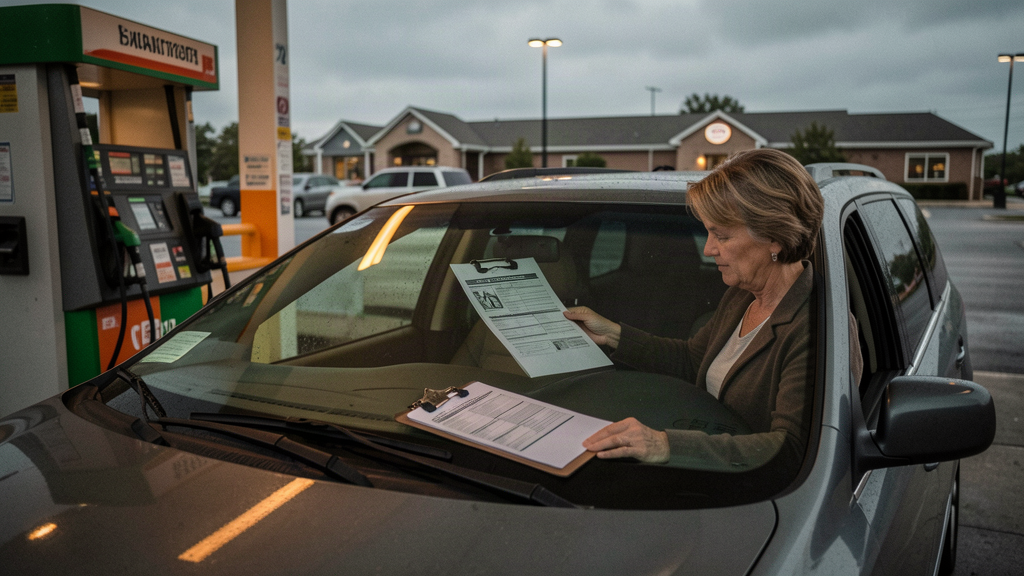 A consumer survey kiosk on a suburban street, a respondent filling out a form at a gas pump in the background under an overcast sky