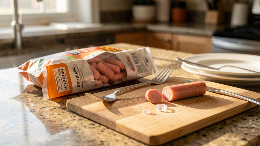 A home kitchen counter with a package of frozen pork sausage links, one link split open showing a small clear shard, morning light through a window