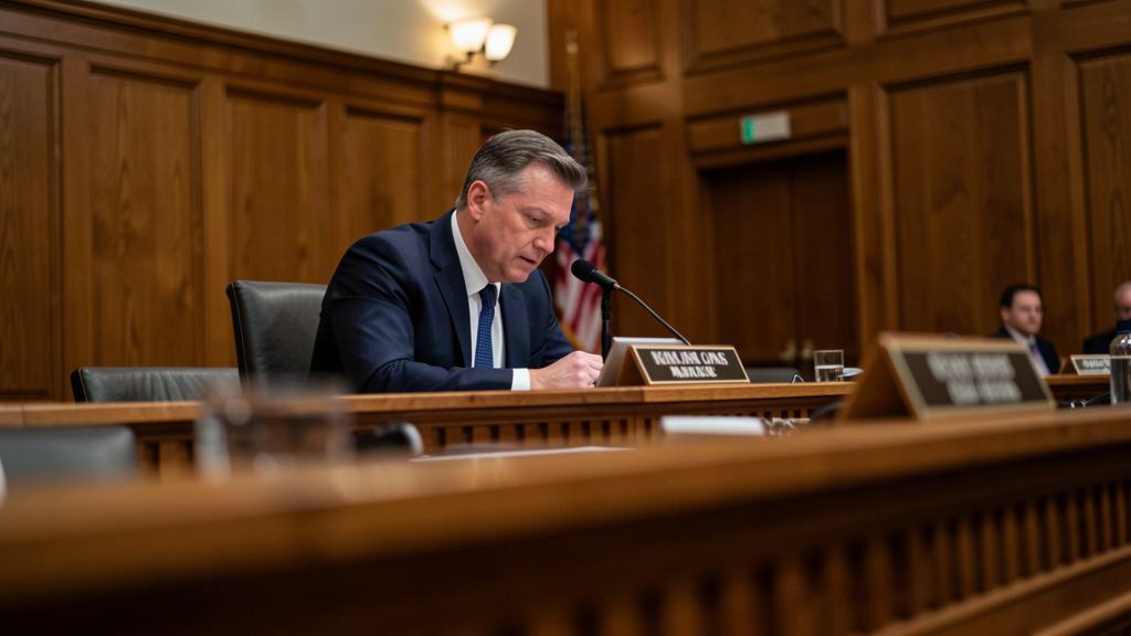 A former prosecutor at a Senate hearing table, microphone in front, leaning forward to answer, committee members blurred behind