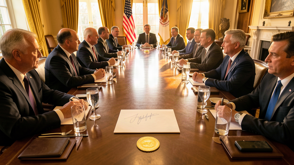 Tech executives gathered around a long White House dining table, a signed document at the center, warm afternoon light through the windows