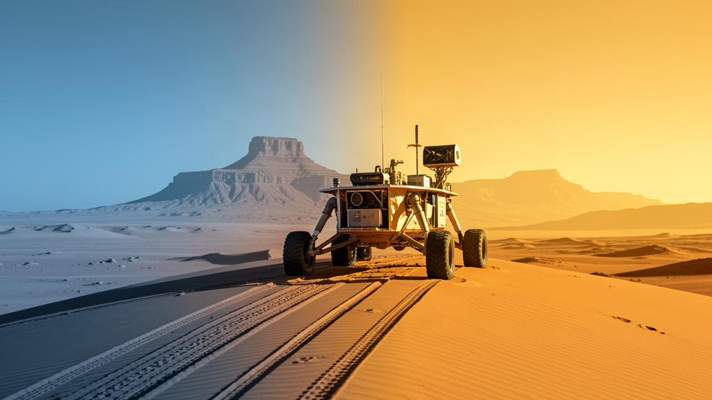 A rover parked on a sand ridge on Mars, its tracks trailing behind, the panorama tinted blue on the morning side and gold on the afternoon side