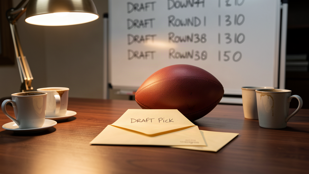 A draft pick envelope on a table at a war room desk, a football beside it, coffee cups and a whiteboard behind