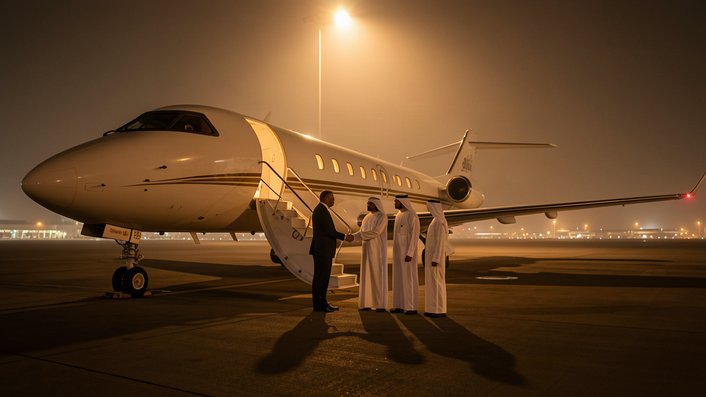 A private jet on a moonlit tarmac at an Gulf emirate airport, two men in white robes shaking hands under a single floodlight