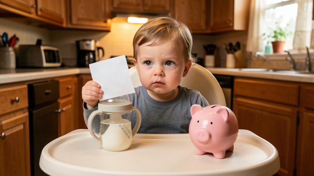 A toddler in a high chair reaching for a toy, a small brokerage statement propped against a sippy cup