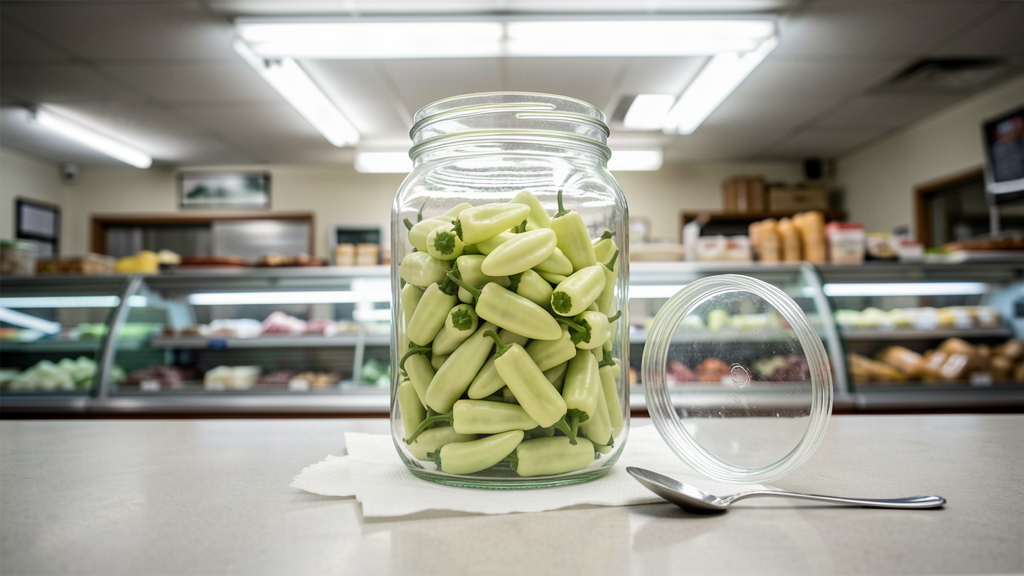 A glass jar of pepperoncini peppers on a deli counter, lid off, a spoon resting beside it
