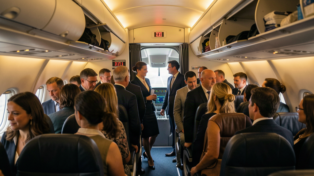 A commercial airplane cabin with passengers standing in the aisle, seatbelt sign lit, overhead bins open