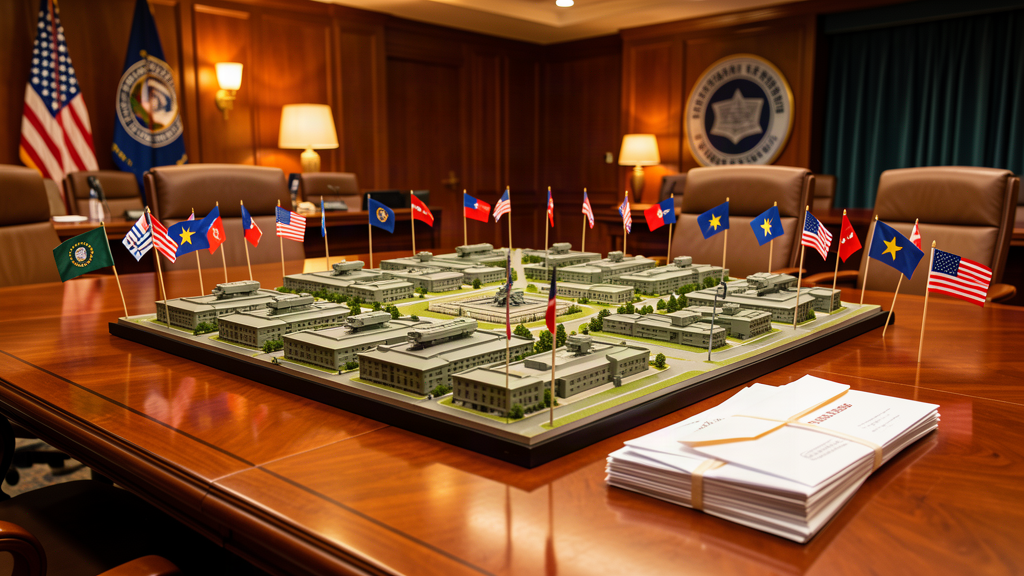 A model military base on a conference table surrounded by state flags and sealed bid envelopes