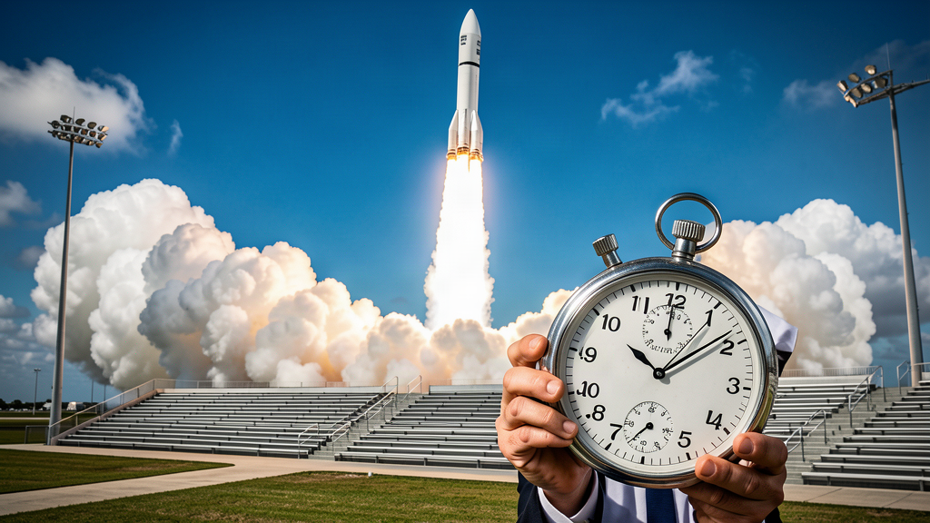 A Falcon 9 lifting off from Cape Canaveral with a stopwatch on the launch pad fence