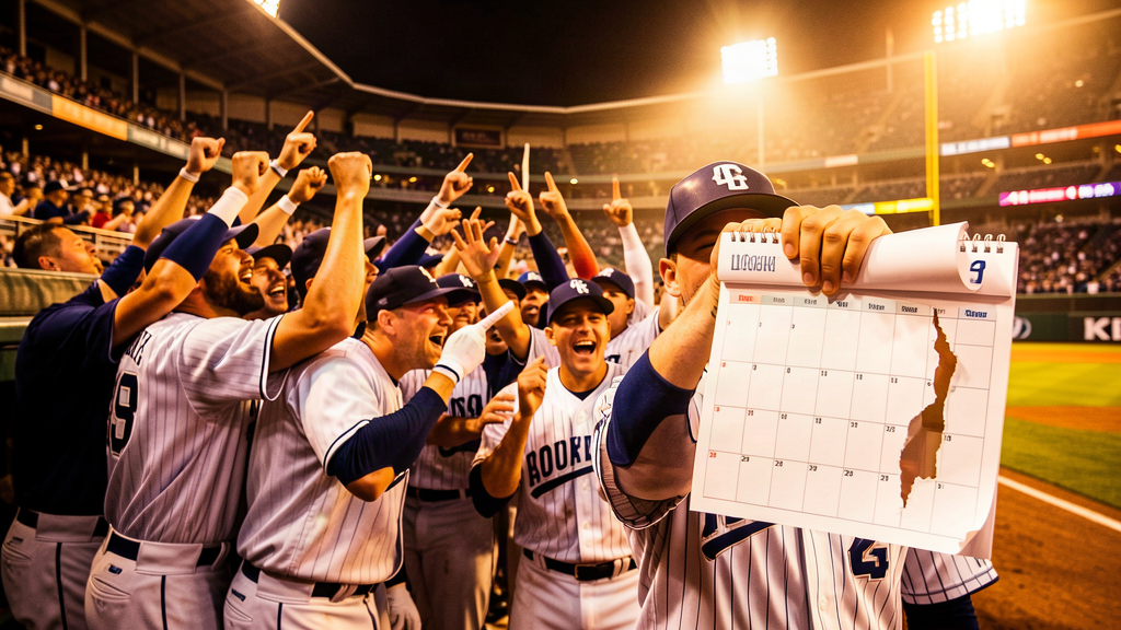 A baseball dugout celebrating after a win, one player holding a calendar open to a page marked 2005