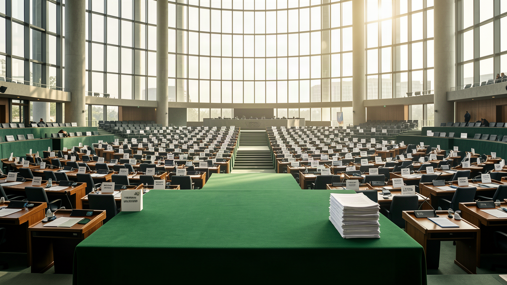 The UN General Assembly hall after debate, empty seats around the podium, papers stacked on the desk